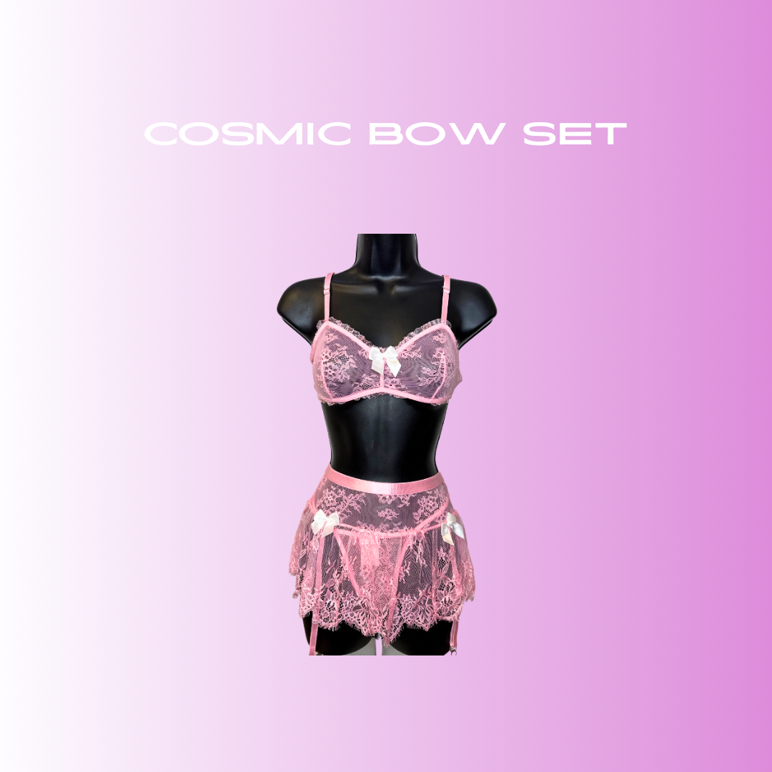 Cosmic Bow Lace Lingerie Set – Pink & Black Two-Piece with Garter Skirt
