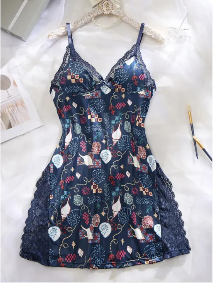 Moonlit Grace Slip Dress – Grey Lace-Trim Nightwear