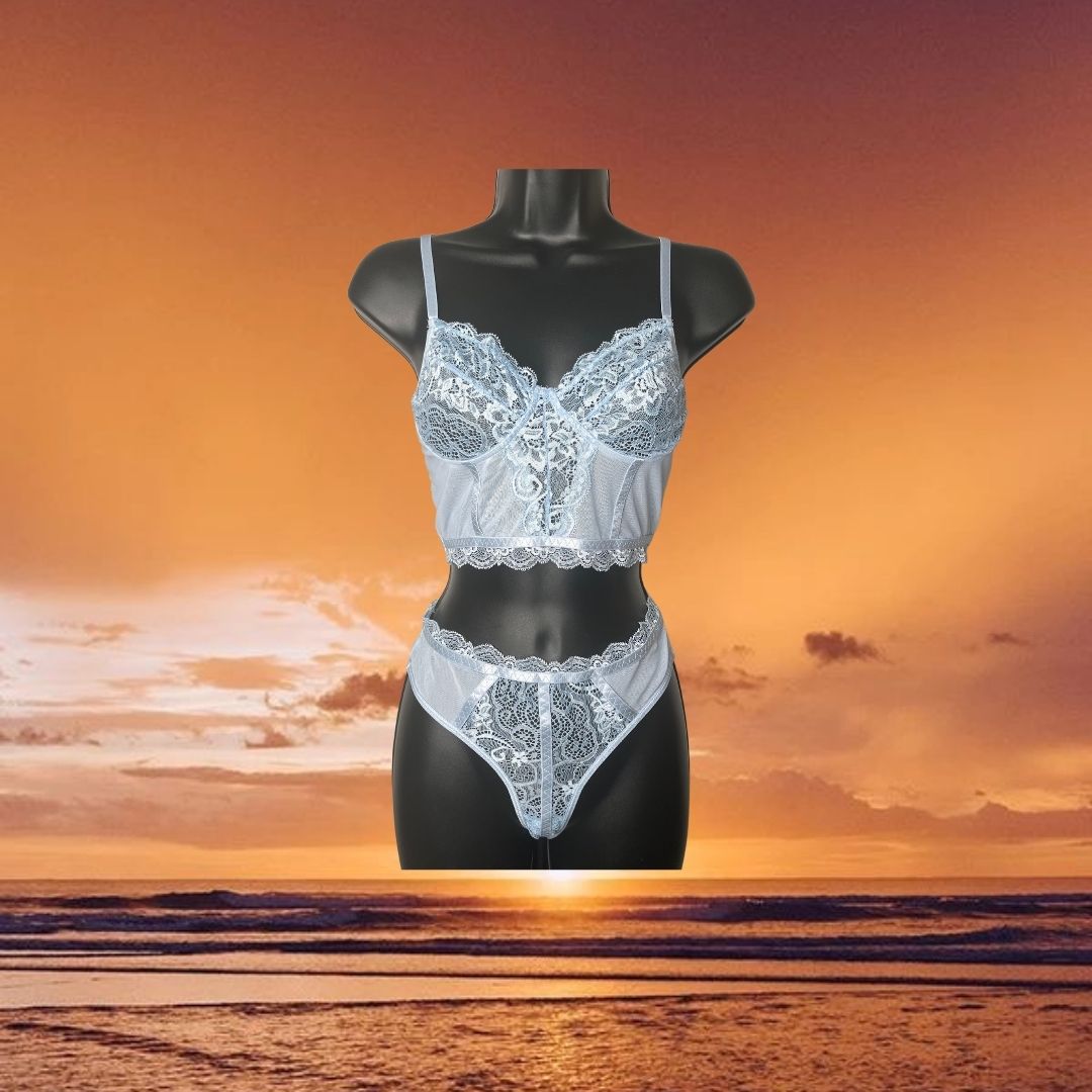 Blue Mirage Lace Lingerie Set – Romantic Nightwear & Lounge Set