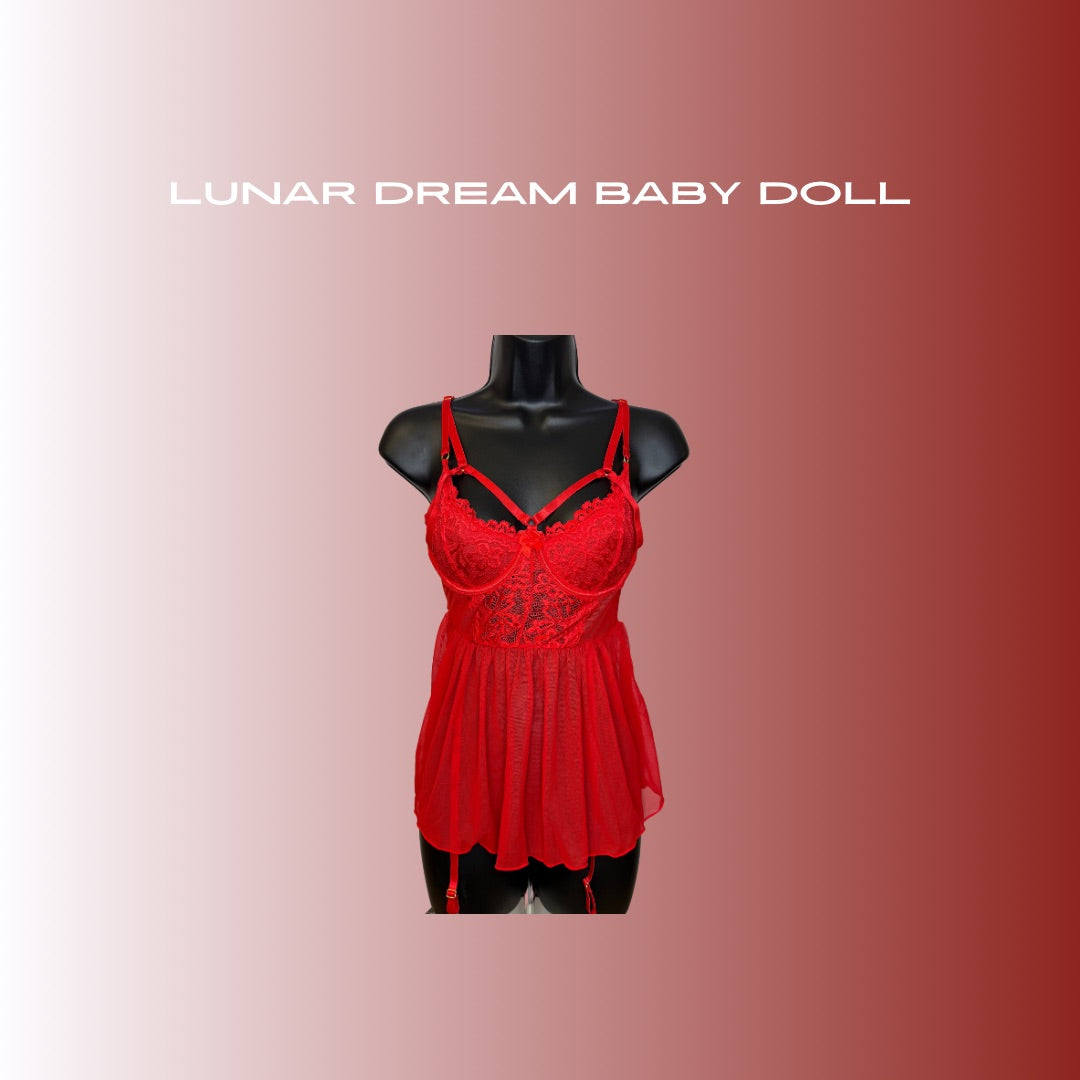 Lunar Dream Babydoll – Sheer Lace Nightwear in Red & Black
