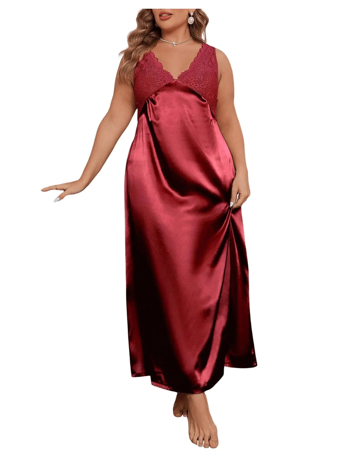 Crimson Serenity Satin Gown – Luxe Lace Trim Nightdress
