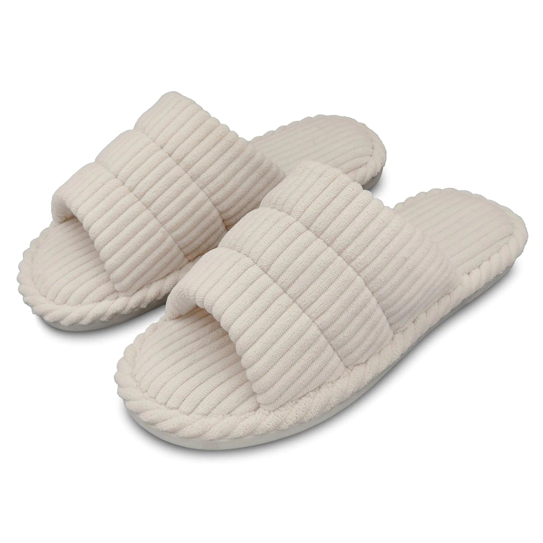 Corduroy Memory Foam House Slippers – Open Toe Cozy Indoor Slides | Soft Beige Comfort