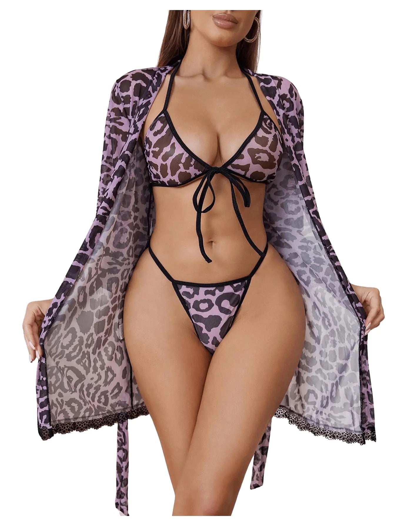 Violet Panther Mesh Lingerie Set – Three-Piece Leopard Nightwear