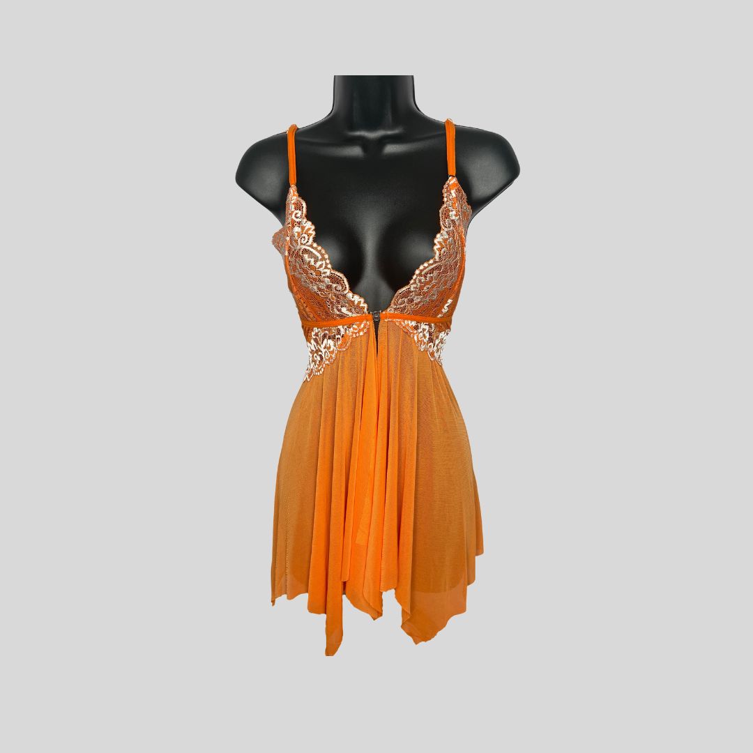 Golden Hour Lace Nightdress – Sheer Orange Babydoll Lingerie